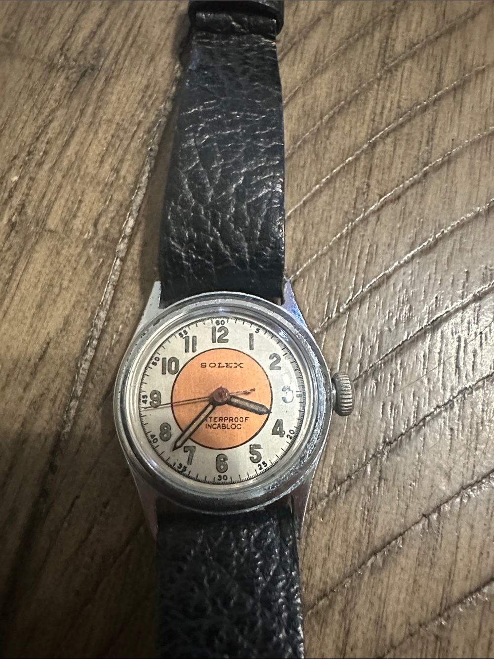 Men's Solex Vintage Style Black Leather Strap Watch with copper Dial Accent
